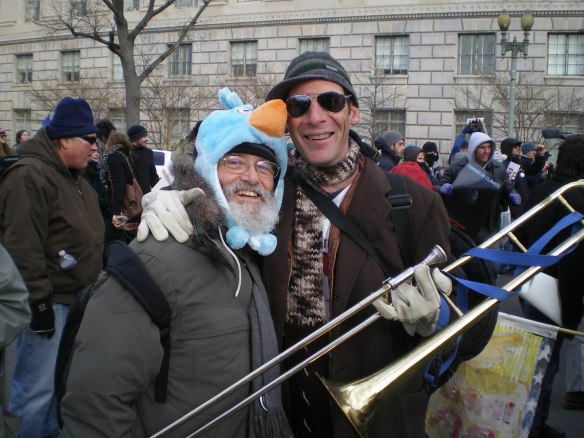 All 40,000 of us were entertained by live music and inspiring speakers. Robert Allen gave Jerry Lee Miller a bird hat, which he is wearing in this photo as he greets trombonist Soul Furnace, who played with his band on the streets around the White House for all of us to enjoy. 