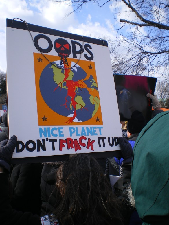 There were many handmade signs carried by the 40,000 concerned citizens who marched around the White House to demand action on climate change, including stopping the XL Keystone Pipeline and fracking. This tragic and beautiful original collage-painting was the best art we saw all day.