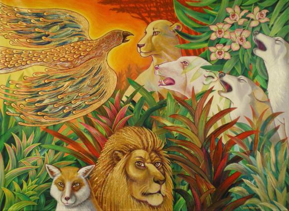 “Firebird Visit’s the Elders,” 3x4 ft acrylic on canvas, 2-artist collaborative painting by Robert F Allen and Kevin L Miller, signed “Allen Miller,” illustrating both the utopian nature of Earth and the peril from climate change.
