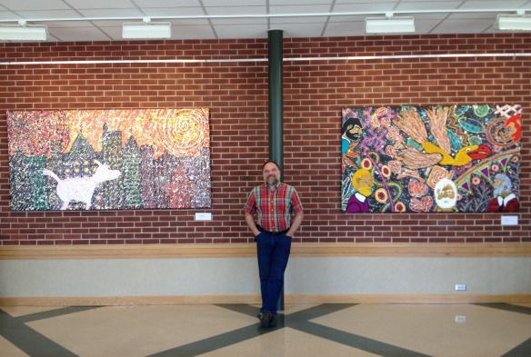 Outsider Artist, Robert F Allen with two of his most recent 2013 paintings: 4x8 ft "A Winter Walk," and 4x7 ft "Escape!" Both acrylic paintings on canvas are among 44 of Robert's large works on display at Manchester University, North Manchester, Indiana, in Link Gallery, Winger Building (across the street from The Union) until Nov 19, 2013.
