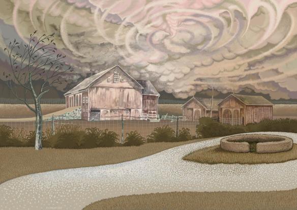 “Drought and Gathering Storm," Kevin L Miller, 2013, digital re-imagining of the R.L. Miller Farm, as it might have looked in the great drought of 2012, if the full-timber black walnut barn had not been demolished.