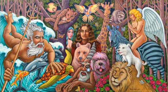 “Poseidon’s Prophecy,” 4x7 ft oil on canvas, Kevin L Miller, 2013. King Neptune brings apocalyptic news from the oceans to the utopian woodland spirits.